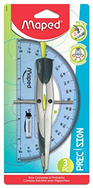 Maped Precision Metal Bow Compass & Protractor, 3 Piece Set (291049)