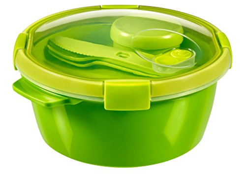 Curver 232565 Round Smart Bowl with Cutlery, Plastic, Green (22 x 22 x 11 cm)