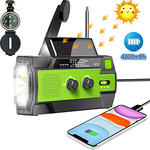 2020 Newest Emergency Radio - Hand Crank Radio, SUNRI 4000mAh-Solar Portable Weather Radio, Charger for Cell Phone, 1W LED Flashlight & Motion Sensor Reading Lamp, SOS Alarm, AM/FM/NOAA, Compass