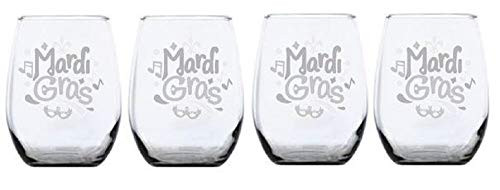 4pc Clear Etched Glass Stemless Wine Glasses Mardi Gras, Fleur De Lis, Great for New Orleans Saints Fans!