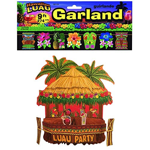 Luau Party Decorations - Hawaiian Luau 9' Tiki Floral Flip Flops Banner & Tiki Hut 10 inch Tissue Centerpiece