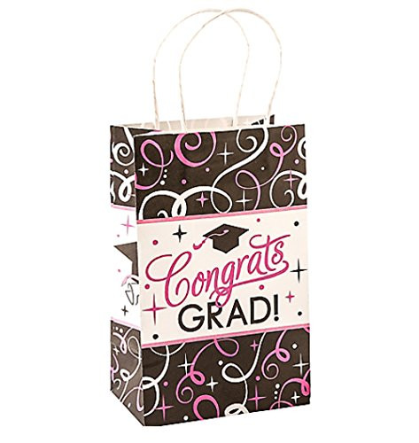 Amscan Sparkling Graduation Gift Bag Party Favor, 8 1/2" x 5 1/4" x 3 1/2", Pink/Black