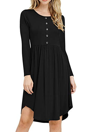 She's Style Women's Long Sleeve Button Pleated Causal Loose Swing Midi Dresses Black S