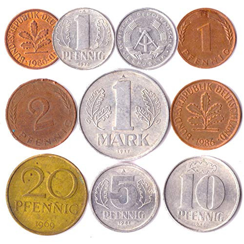 10 Germany Coins from East and WEST Europe: Pfennig, Mark 1948-2001. Perfect Choice for Your Coin Bank, Coin Holders and Coin Album