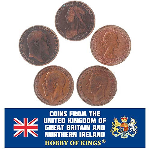 5 Coins from United Kingdom. 1 Penny: Queen Elizabeth II and Victoria, Kings George V and VI, Edward VII 1895-1970 5 Coins from United Kingdom. 1 Penny: Queen Elizabeth II and Victoria, Kings George V and VI, Edward VII 1895-1970