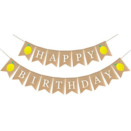 Cieovo Jute Burlap Happy Birthday Banner with Lemon Birthday Party Bunting Garland for Summer Lemon Theme Birthday Party Decoration