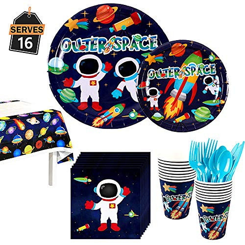 Rainmae 113 pcs Outer Space Party Supplies Disposable Tableware Set, 16 Guest- Plates, Cups, Napkin, Knife, Spoon, Fork, Table Cloth for Kids, Solar System, Planets Baby Shower, Birthday Decoration