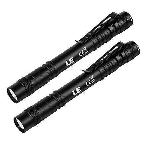 LE LED Pocket Pen Light Flashlight, Small, Mini, Stylus PenLight with Clip, Perfect Flashlights for Inspection, Work, Repair, Pack of 2