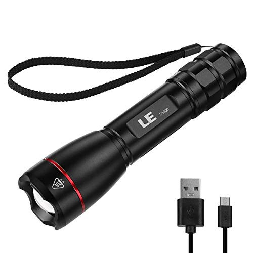 LE Rechargeable LED Flashlight, Zoomable Tactical Torch, 1000 Lumens Super Bright, IPX7 Waterproof, 5 Lighting Modes, Portable Handheld Flashlights for Camping, Running, Dog Walking and Emergency