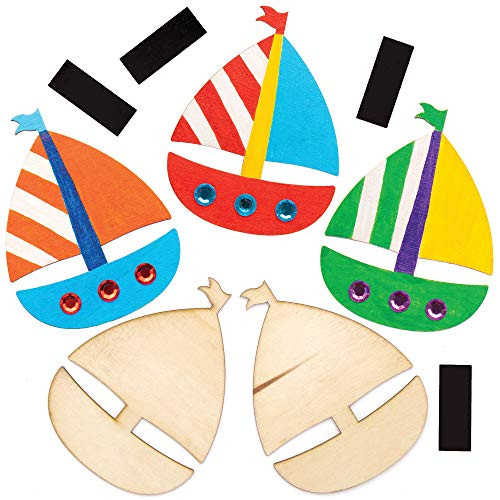 Baker Ross AT819 Sailing Boat Wooden Magnets, for Kids Arts and Crafts Projects (Pack of 12), Assorted