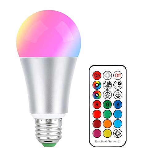 E26 Dimmable Color Changing LED Light Bulbs Warm White with Remote Control 10W RGB Light Bulbs with 21key Remote Control, 60W Incandescent Equivalent, Memory Function, RGB + Warm White(1 Pack)