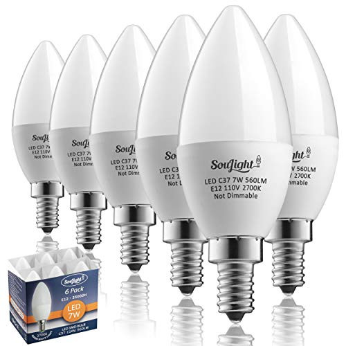 E12 LED Bulbs  Candelabra Light Bulbs, 7 Watt Equivalent 60W Incandescent Bulb, B11 560 Lumens, Warm White 2700K, Candelabra Base, Non-dimmable, Chandelier&Ceiling Fan Replacement Bulb. 6 Pack.