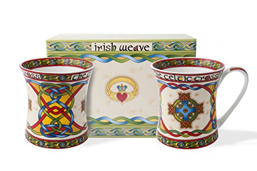 Scottish Celtic Cross Mug -Celtic Weave Cup - Celtic Knots Design - Made of Bone China Mug - 11oz (Set of 2)