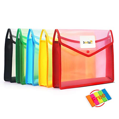 5 Pack A4 Plastic File Wallet Folders, Poly Envelope Expandable File Folders Clear Document Folders with Label Pocket & Snap Button for School Home Office, 5 Assorted Color