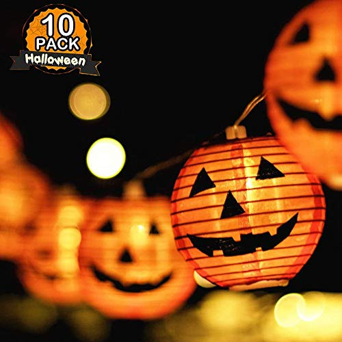 SUNSGNE Halloween Jack Pumpkin Lantern String Lights,10 Smiling Jack Face Paper Lantern 8.5 Ft for Indoor/Outdoor Patio Fiesta Party