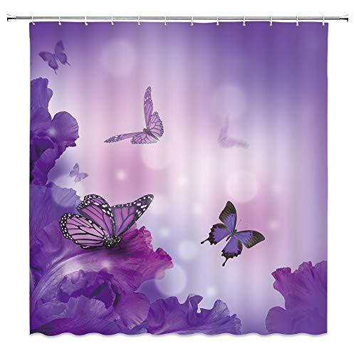 XZMAN Butterfly Shower Curtain Purple Flower Butterflies Wings Fantasy Dream Girls Spring Plant Nature Scenery Fabric Bath Curtain Bathroom Decor Set Include Hooks,70 Inches