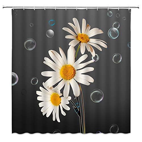 Sunhe Daisy Shower Curtain,Daisy Flower on Grey Romance Colorful Bubbles Creative Rustic Fabric Bathroom Decor Curtain with 12 Hooks,71X71 Inchs, White Grey