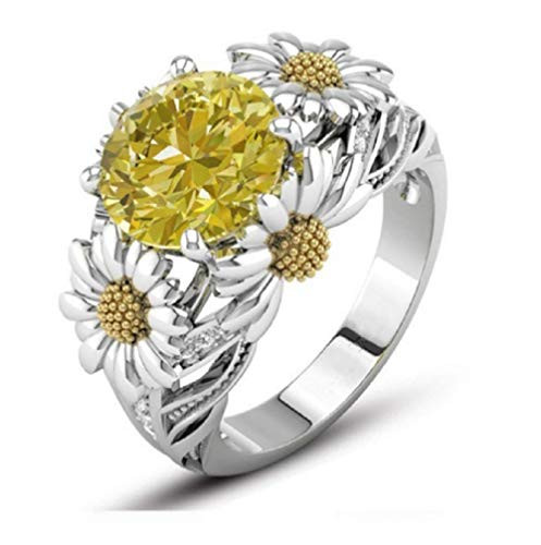Lzz Fashion Lady 925 Sterling Silver Ring 3.5ct Citrine Daisy Ring Cubic Zirconia Sunflower Flower Wedding Ring Size 6-10 (US Code 9)