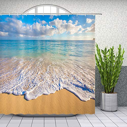 Lileihao Ocean Beach Shower Curtain Sea Wave Blue Sky Landscape Bathroom Decor Polyester Fabric Home Bath Supplies Cloth Curtains Sets Machine Washable 69 x 70 Inch With Hooks