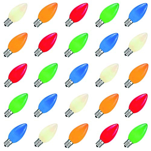 Bulbstring 5 Watt C7 Colored Dimmable Outdoor String Light Bulbs - Ceramic Christmas Incandescent Replacement Multi Color Bulb - 25 Pack - C7/E12 Candelabra Base - Assorted Color