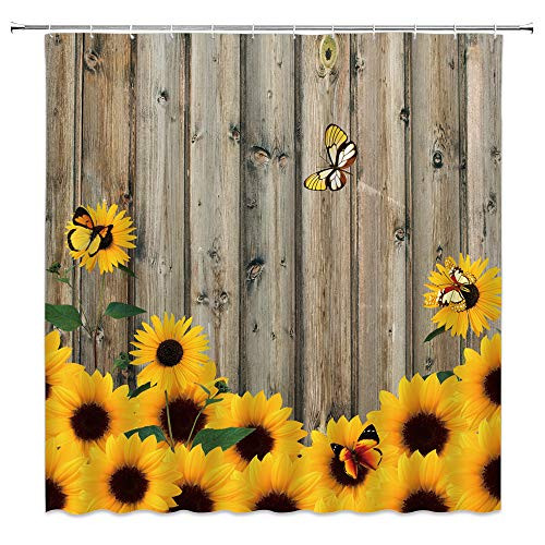XZMAN Sunflower Shower Curtain Wooden Board Sunflowers Shower Curtain Rustic Floral Yellow Flower Butterfly with 12 Hooks for Bathroom Durable Curtains Quick Drying Polyester Fabric Set 70 Inches