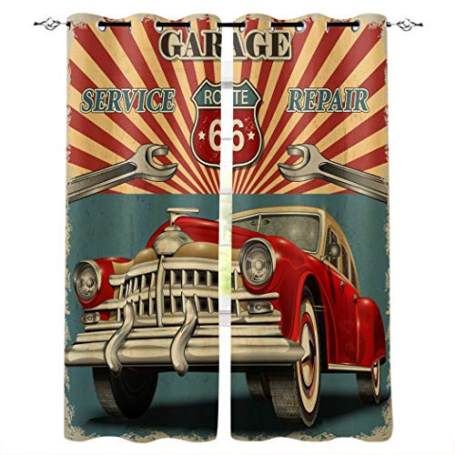 Edwiinsa Vintage Garage Repair Advertising Automobile Rustic Vehicle Kitchen Blackout Curtains Window Drapes Treatment, 2 Panels Set for Kitchen Cafe Office, 55W x 39L inch