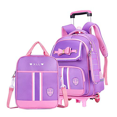 MITOWERMI 3Pcs Rolling Backpack Bowknot Girls Primary Schoolbag Trolley Bag Wheeled Backpack Carry On Luggage with Lunch Bag&Pencil Case
