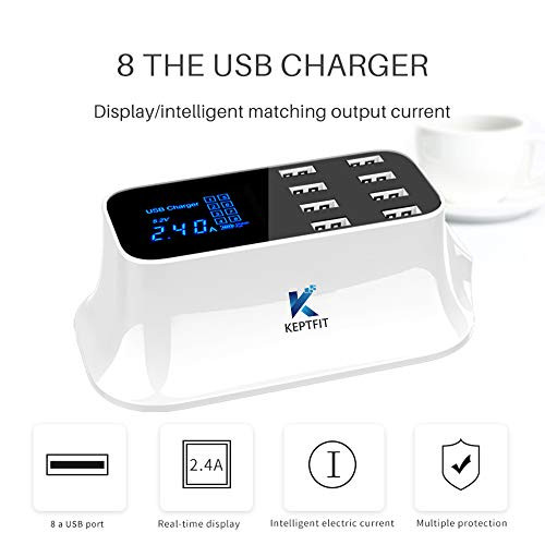 KEPTFIT Multi USB Charger, 8 Port Multi Port USB Desktop Charger Fast Charging Station Smart LCD Display Compatible with iPhone X / 8/7, iPad and Android Smartphone, Tablet and Multiple Devices