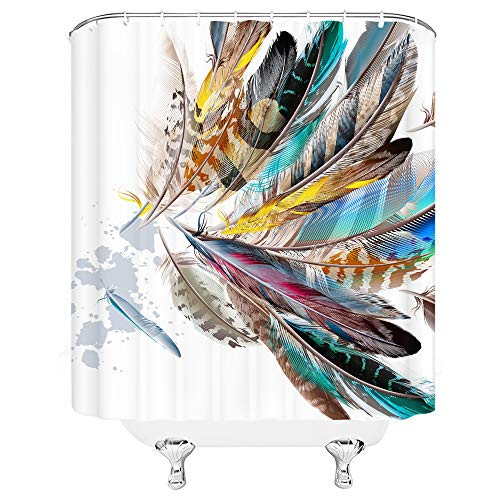 qianliansheji Colorful Feather Shower Curtain Bathroom Shower Curtain Durable Waterproof with 12 Hooks 70x70