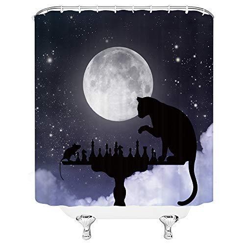 AMHNF Creative Shower Curtain Cat and Mouse Playing Chess Under Starry Sky Super Moon Home Bathroom Decor Quick Dry Fabric with 12 Hooks?70x70 Inch?Black White