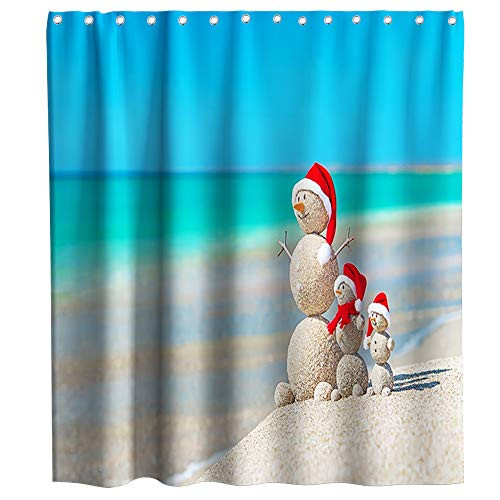 Cartoon Santa Beach Snowman Shower Curtain Merry Christmas New Year Festival Theme Fabric Bathroom Decorative Sets with Hooks Waterproof Washable 72 x 72 inches Blue and White