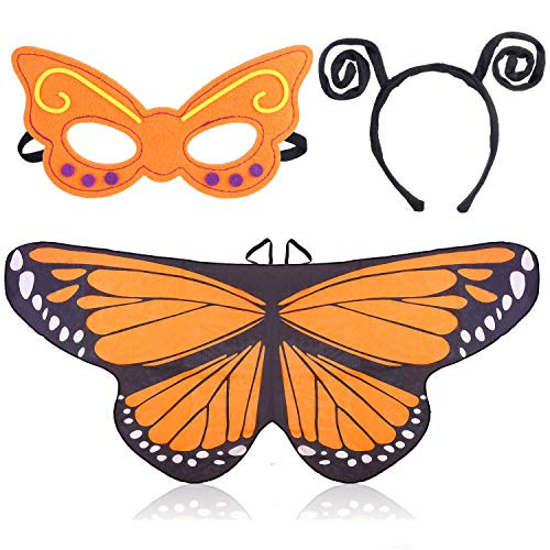 Beelittle Butterfly Wings Costume 3 Pieces Fancy Dress-Up Set Butterfly Wings Cape Shawl with Antenna Headband and Mask for Girls Kids (Orange)