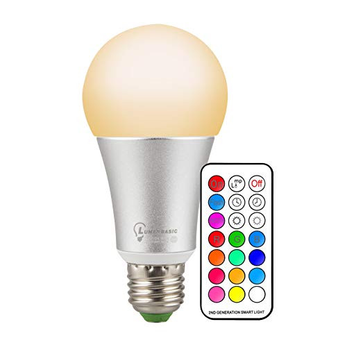 LumenBasic LED Color Changing Light Bulb Dimmable A19 E26 10W RGB RGBWW RGBW Multi-Color Remote Controller Included Warm White