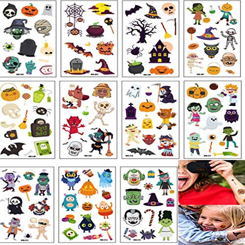 11 Sheets Cute Designs Halloween Waterproof Temporary Tattoos Monsters Pumpkins Skull Tattoo Stickers Halloween Party Favors Accessory Supplies for Kids Children Adults