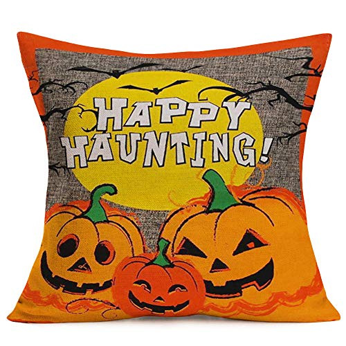 Smilyard Pumpkin Bat Throw Pillow Covers Happy Haunting Quote Pillow Case Halloween Night Sofa Home Decor Cushion Cover Cotton Linen Accent Pillow Cover 18x18 Inch(BT 12)