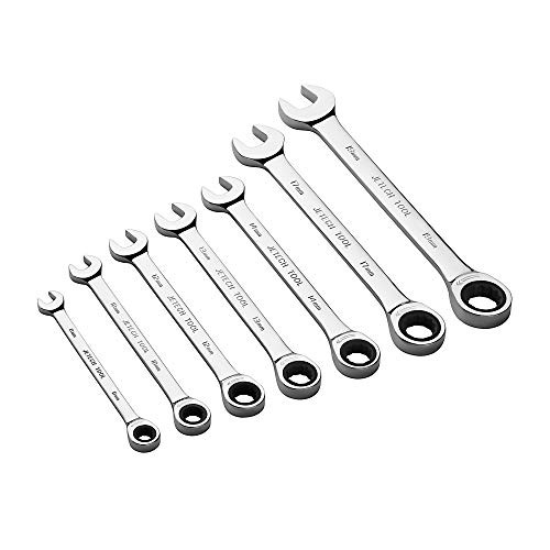 Jetech 7pc Ratcheting Combination Wrench Set - Metric 8-19mm - Industrial Grade Cr-V Steel Gear Spanner in Polished Chrome Finish, Ratchet Wrench Set with Rolling Pouch