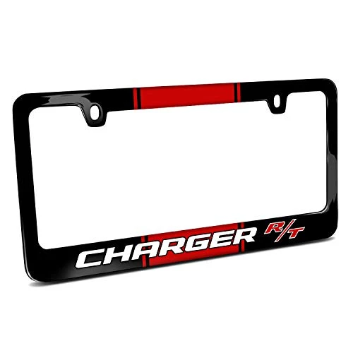Dodge Charger R/T Racing Stripe Cover Chrome Black Metal License Plate Frame Holder