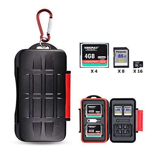 Kiorafoto 28 Slots Professional SD CF MSD Memory Card Holder Storage Case Protector Wallet for 4 CF & 8 SD & 16 Micro SD Cards, with Carabiner + Card Tray Removal Eject Pin Key