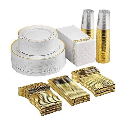 AIDEA 350 Pieces Disposable Dinnerware Set 50 Guests -100 Gold Rim Plastic Plates -150 Gold Plastic Silverware-50 Gold Plastic cups-50 Linen Like Gold Paper Napkins,for Wedding Party.