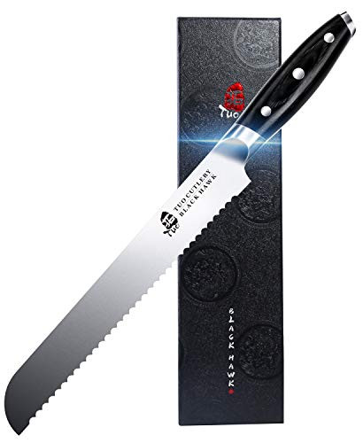 TUO Bread Knife - 9 inch Serrated Bread Cutter Cake Knife - German HC Steel Bread Slicer - Full Tang Pakka Wood Handle -BLACK HAWK SERIES with Gift Box