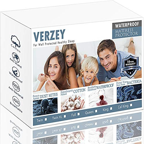 VERZEY Bedding Twin XL Size Waterproof Mattress Protector - Fitted 14 Inches Deep Pocket - Hypoallergenic Vinyl Free Mattress Pad, White