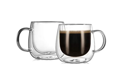 CnGlass Double Walled Glass Coffee Mugs 10oz,Large Insulated Glass Espresso Mugs,Set of 2 Clear Glasses Cappuccino Mug with Handle(Tea Latte Glassware)