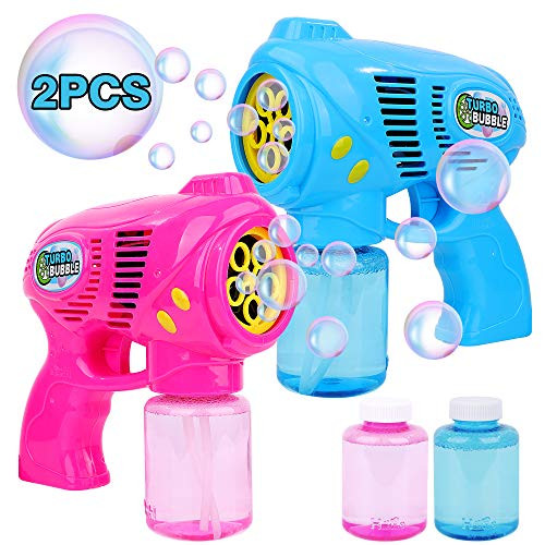 FiGoal 2 PCs Bubble Guns with 2 Bubble Solution Refills (5 oz Each), Bubble Maker Bubble Blower for Kids and Toddlers, Fun Summer Toy Blaster Game for Birthday Party and Wedding, Outdoor Activities