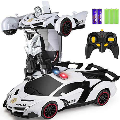 ZENFOLT Transform Car Robot, Remote Control Car One Button Transforms into Robot with Flashing Lights, RC Transforming Police Car Toy with 360 Degree Rotating Drifting