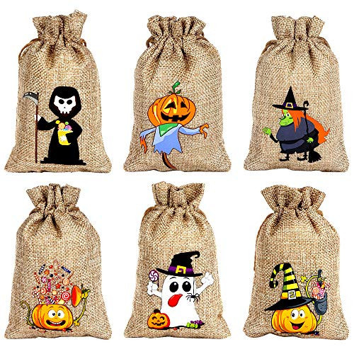 LOKIPA Halloween Jute Burlap Bags, 24pcs Halloween Gift Candy Trick or Treat Bag Pouches with Drawstring for Halloween Favors