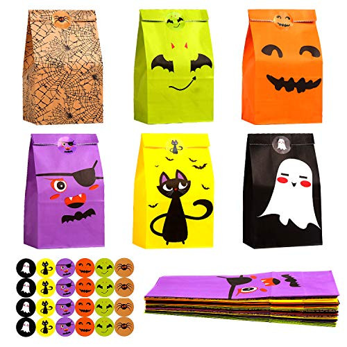 LOKIPA Halloween Paper Gift Bags, 24 Pieces Trick or Treat Party Goodie Candy Bag for Halloween Party Favor