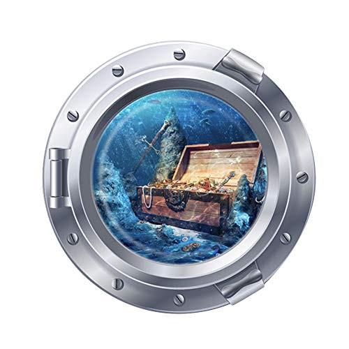 Woodland Arts 3D Undersea Treasure Coins Porthole Submarine View Ocean 18 x 18 inch Removable Vinyl Peel and Stick Decorative Wall Decals Stickers for Children Kids Room Nursery
