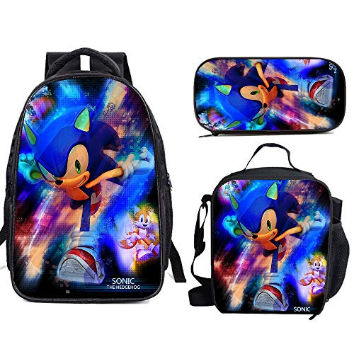 Son-ic The He-dge-hog Anime School Backpack Set Bookbag with Lunch Bags Pencil Case Lightweight Travel for Kids Boys Girls