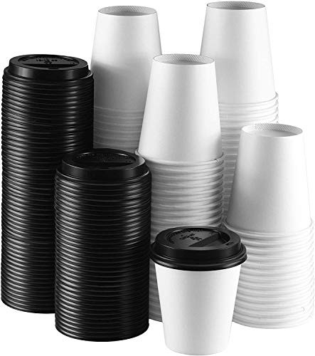NYHI 12 oz. White Paper Disposable Cups with Black Lids - Hot/Cold Beverage Drinking Cup for Water, Juice, Coffee or Tea - Ideal for Water Coolers, Party, or Coffee On The Go