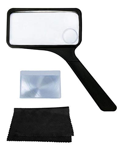 MagDepo Rectangular Handheld Magnifying Glass 3X/5X Scratch Resistant Glass Lens with 1 Bonus Cleaning Cloth & Card Magnifier for Seniors Reading, Hobbies, Repair, and Observation